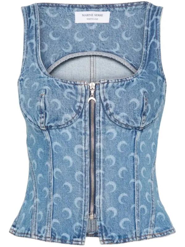 Crescent-Moon-Print denim top
