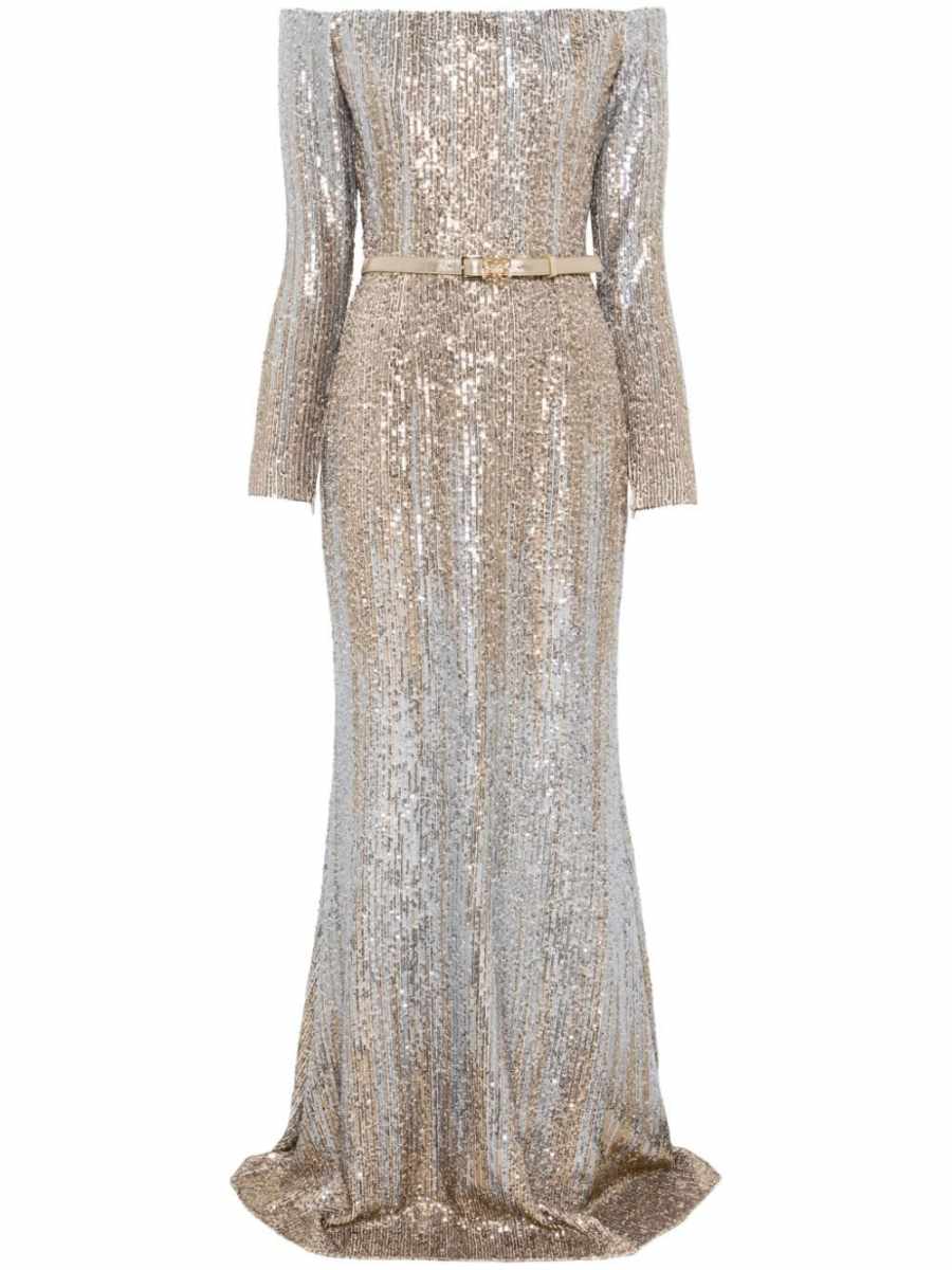 off-shoulder sequinned gown
