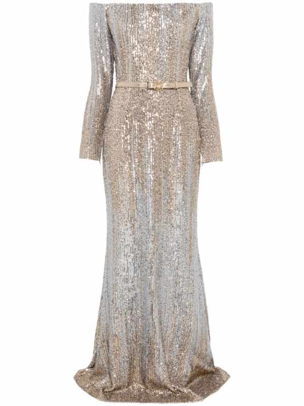 off-shoulder sequinned gown