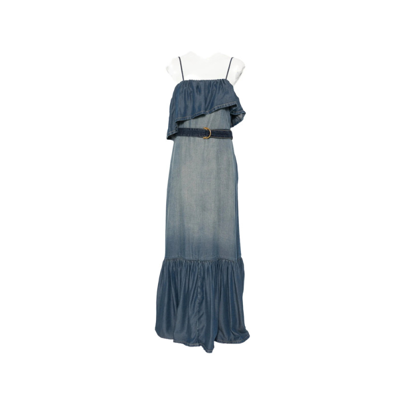 Pinko Ruffled Belted Denim Maxi Dress