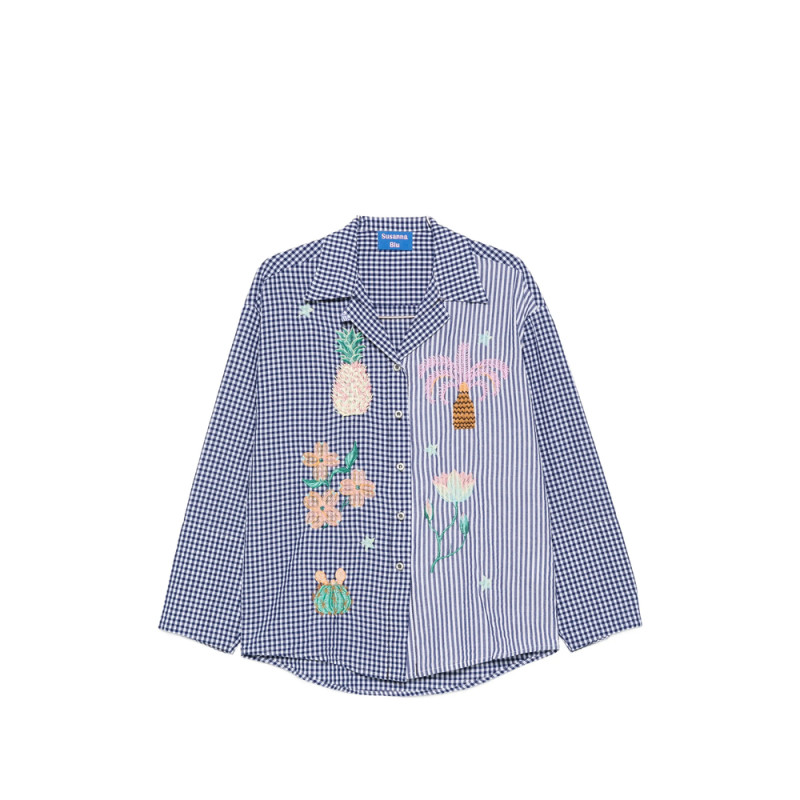 Susanna Blu Gingham Striped Embroidered Shirt