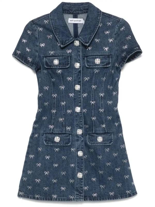 bow-embellished denim mini dress