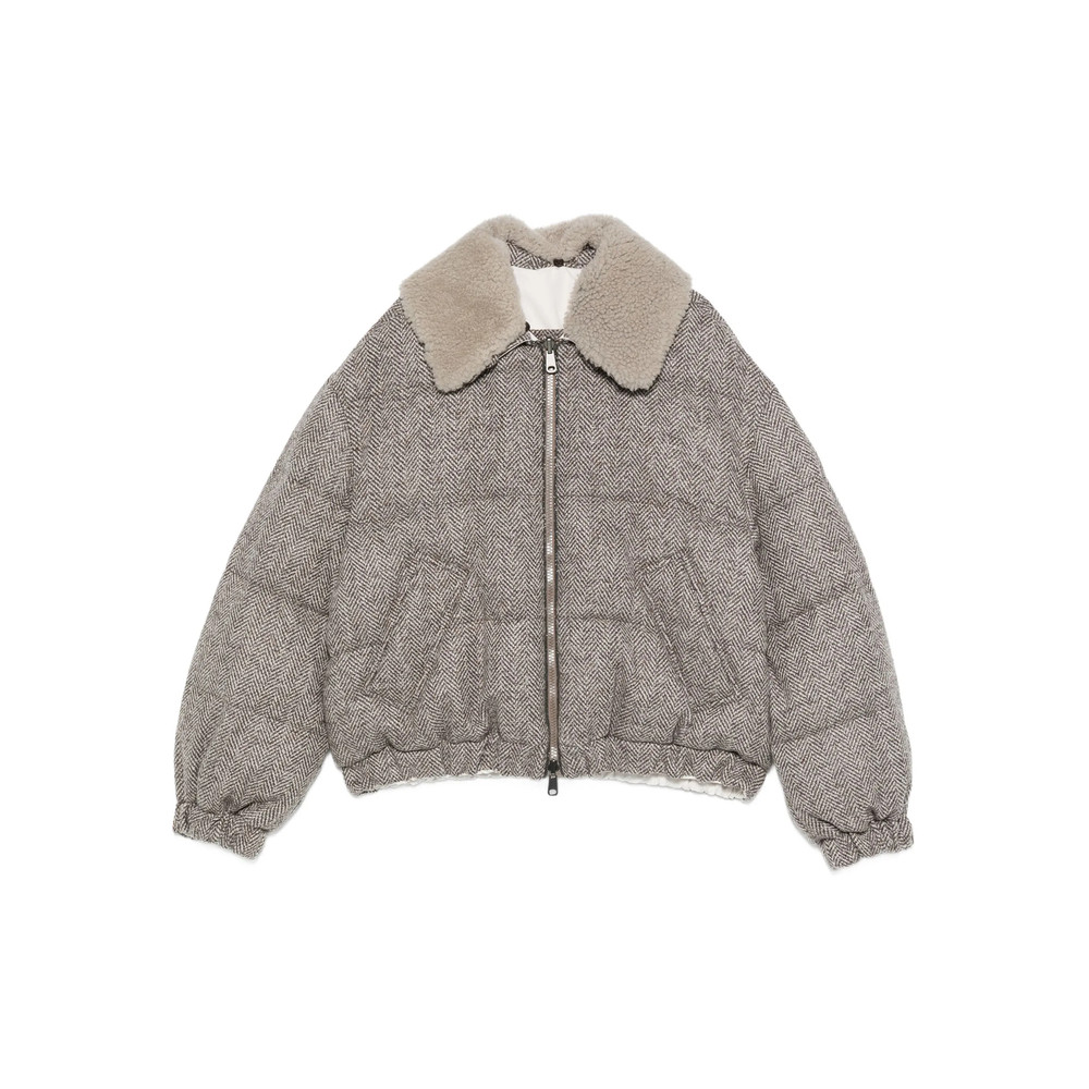 Brunello Cucinelli Herringbone-pattern Shearling-collar Jacket