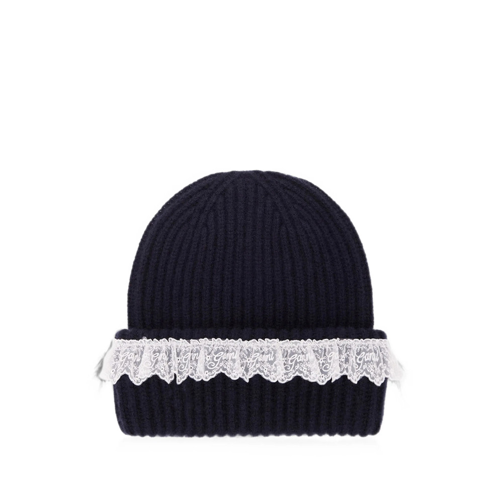 Ganni Lace-trim Ribbed Beanie Hat