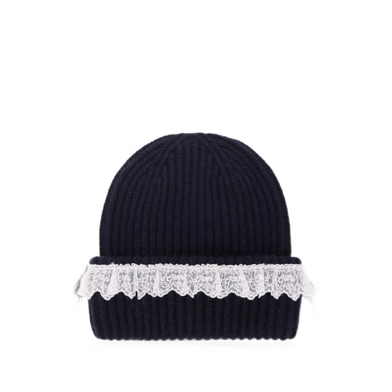 Ganni Lace-trim Ribbed Beanie Hat