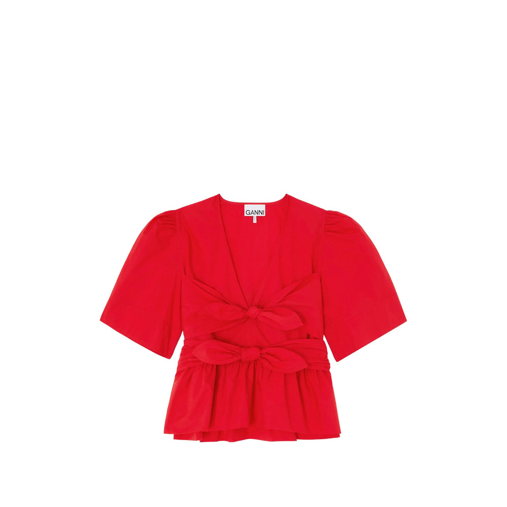 Ganni Bow-detail Peplum-hem Blouse