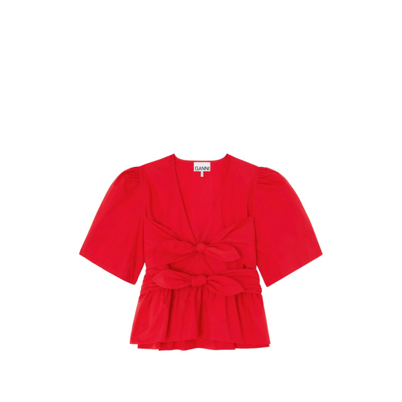 Ganni Bow-detail Peplum-hem Blouse