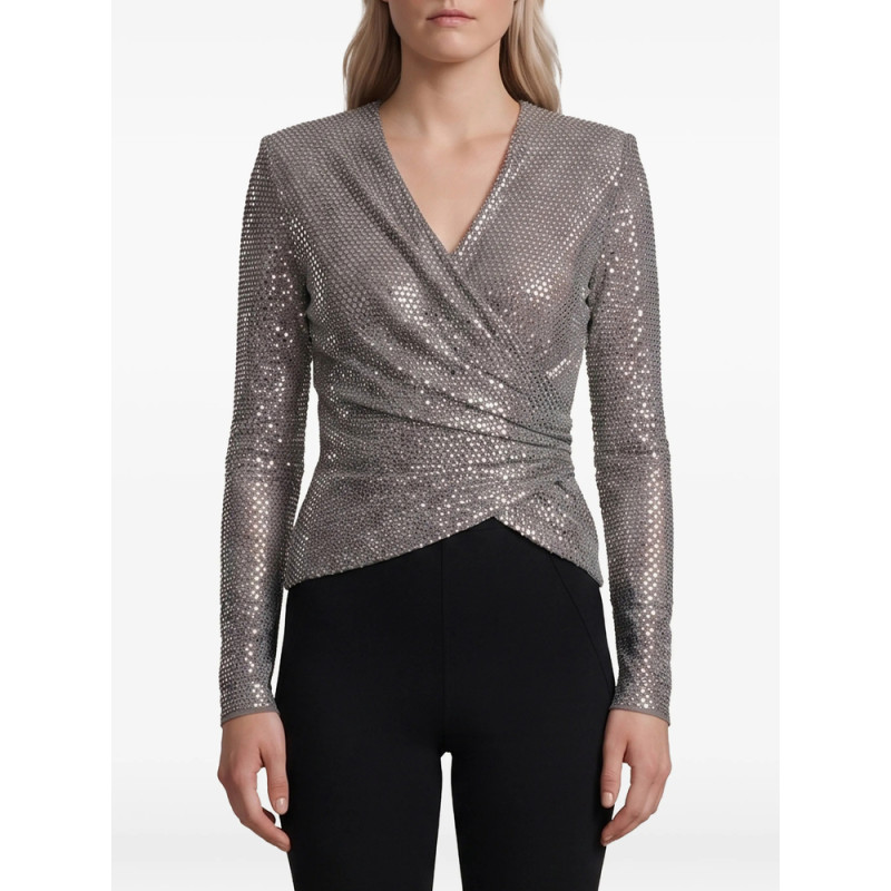 Self-portrait Grey Rhinestone Mesh Wrap Top