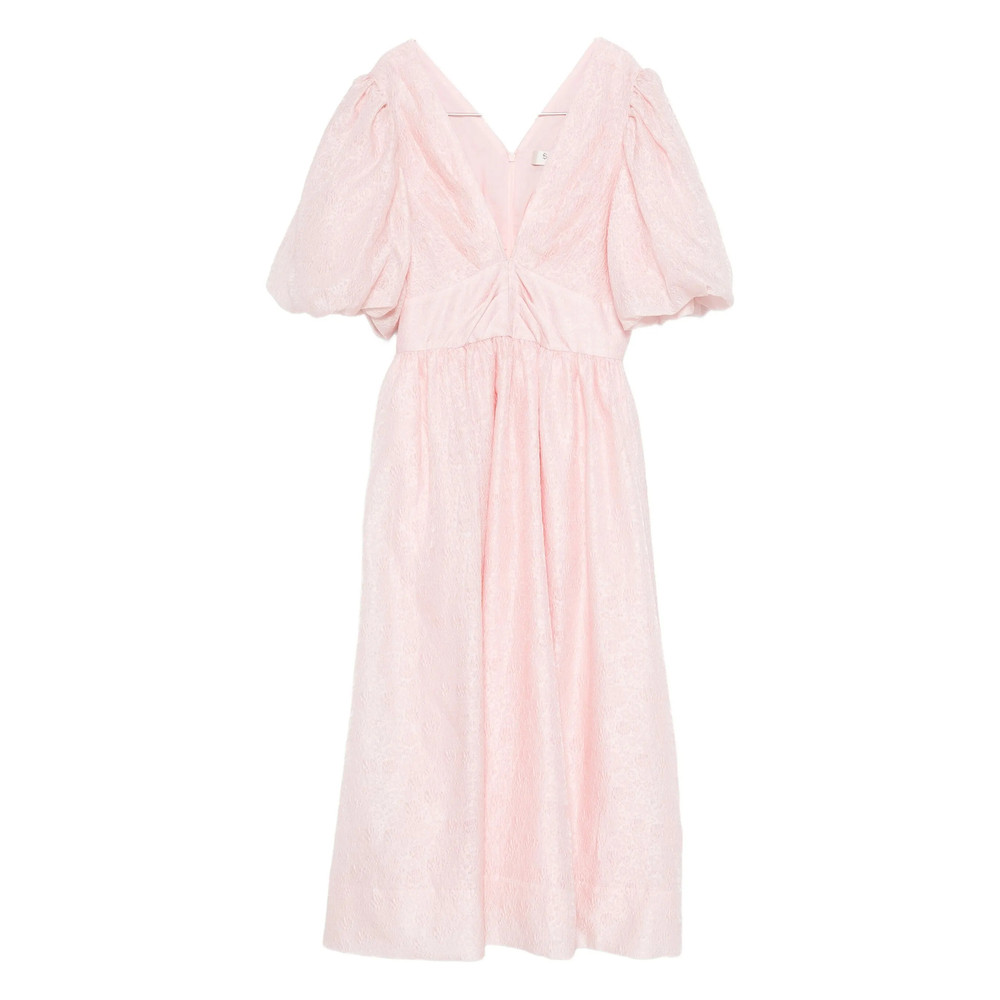 Sea Puff-sleeve V-neck Midi Dress