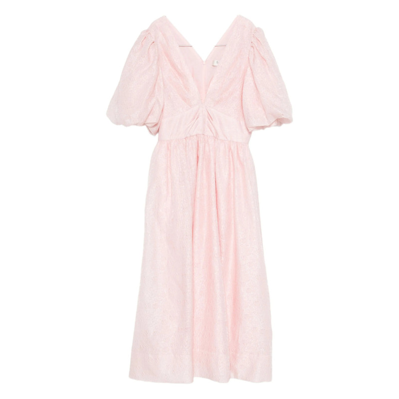 Sea Puff-sleeve V-neck Midi Dress
