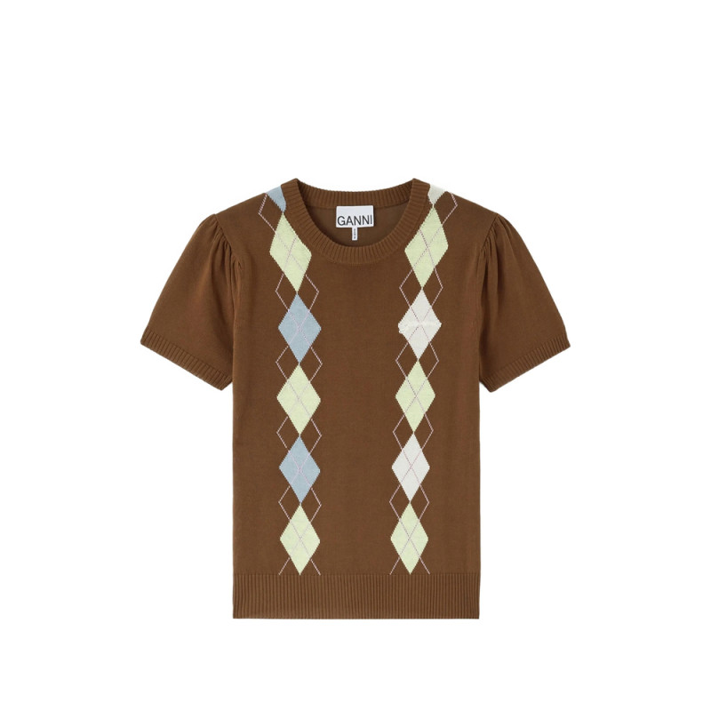 Ganni Argyle-pattern Puff-sleeve T-shirt