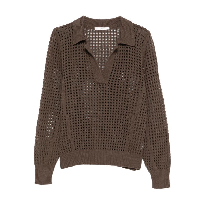 3311 Openwork Polo-collar Knitted Top
