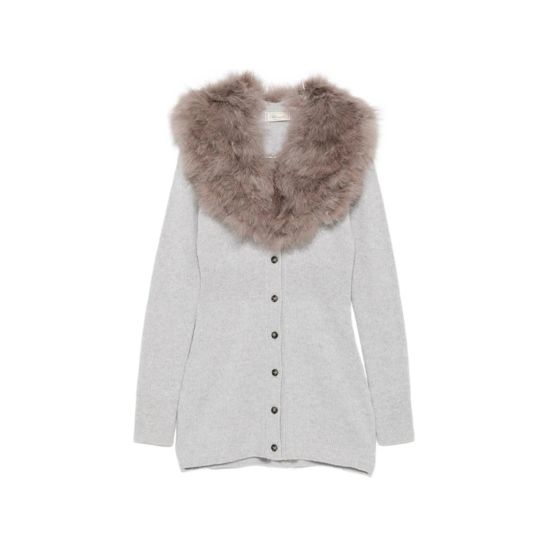 Blumarine Faux-fur Collar Ribbed Cardigan