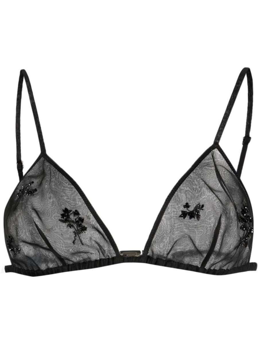 embroidered-detail sheer silk bralette