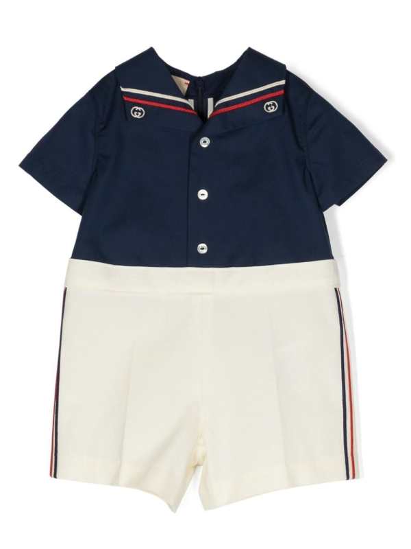 camp-colar stripe-embroidered romper