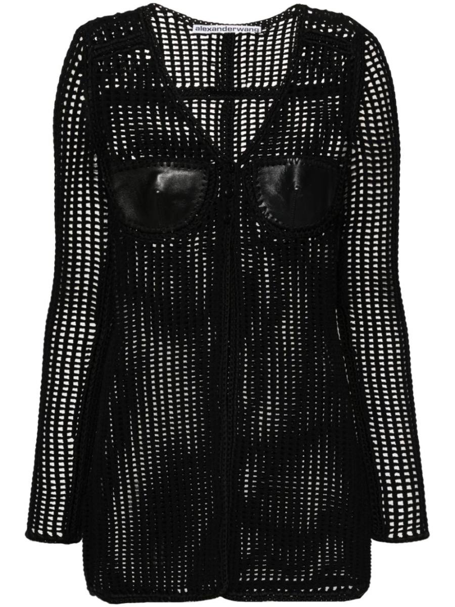open-knit leather-detail cardigan
