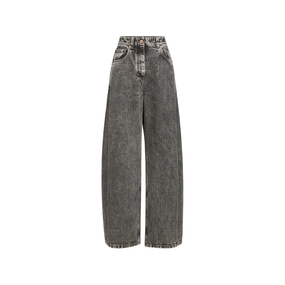 Brunello Cucinelli Prince Of Wales Denim Wide Trousers With Monili