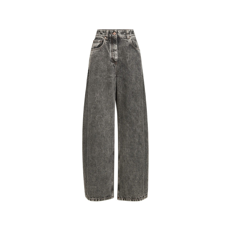 Brunello Cucinelli Prince Of Wales Denim Wide Trousers With Monili
