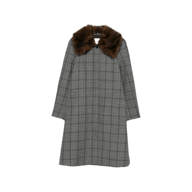 Tela Check Faux-fur Collar Coat