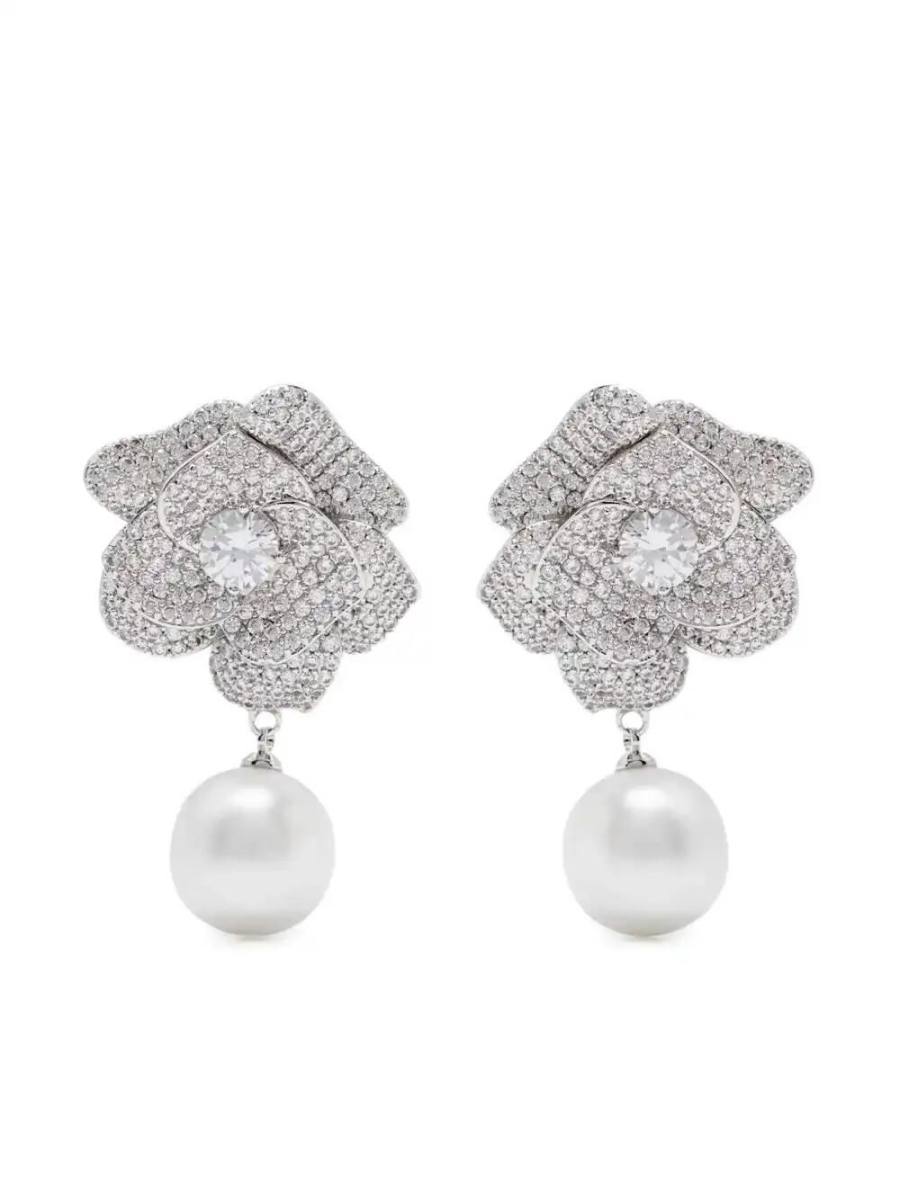 crystal-flower faux-pearl earrings