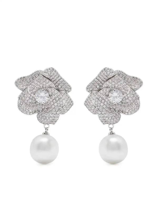 crystal-flower faux-pearl earrings