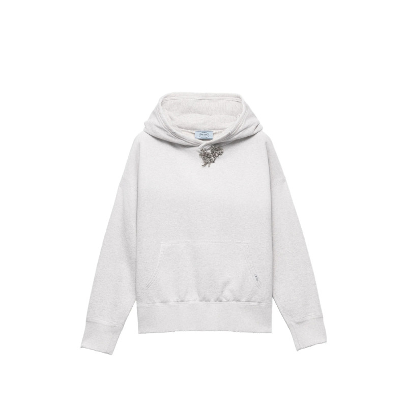 Prada Cotton Fleece Hoodie With Jewel Brooch
