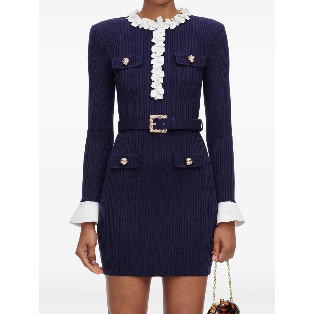 Self-portrait Navy Flower Rib Knit Mini Dress