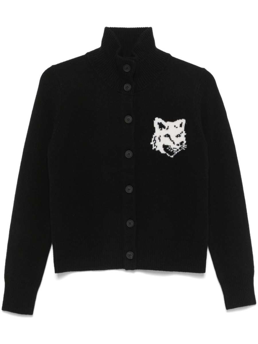 Fox Head-intarsia high-neck cardigan