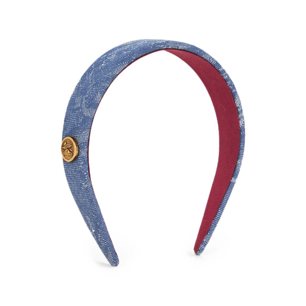 Etro Cotton And Linen Jacquard Denim Hair Band With Leafy Motif