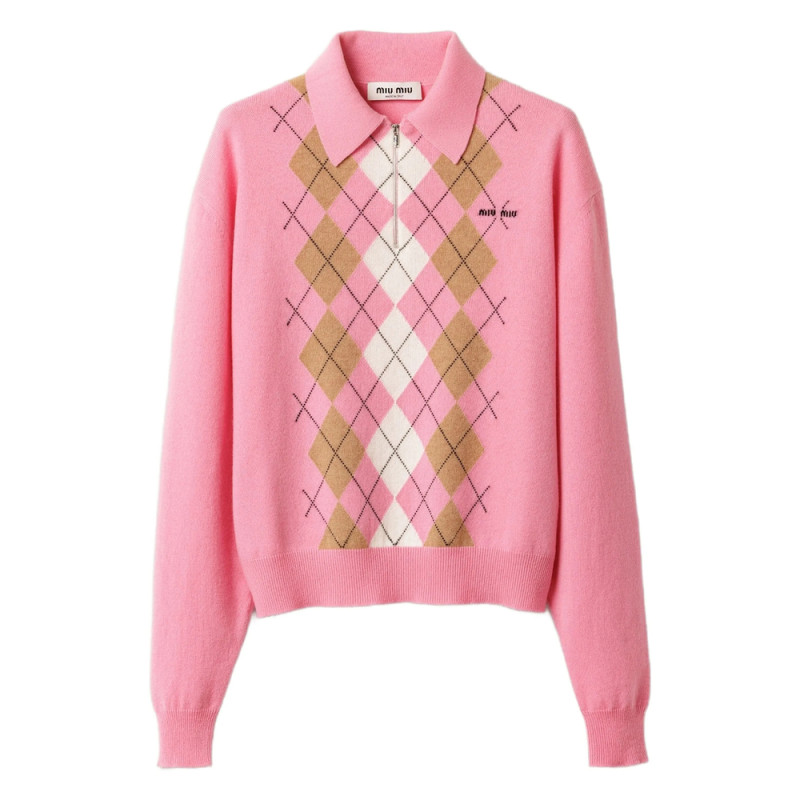 Miu Miu Argyle Intarsia-knit Half-zip Sweater