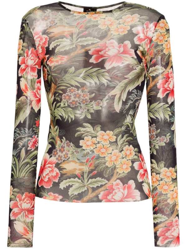 floral-print semi-sheer top