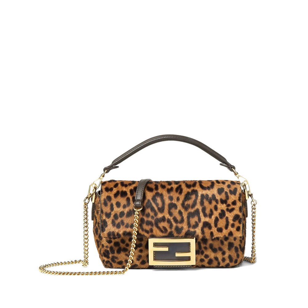 Fendi Mini Baguette Leopard-print Chain Tote Bag