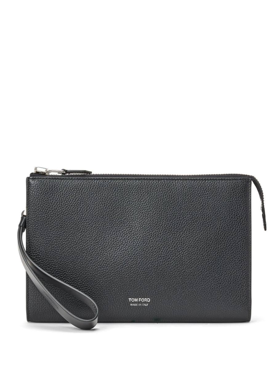 pebbled-leather logo-print clutch