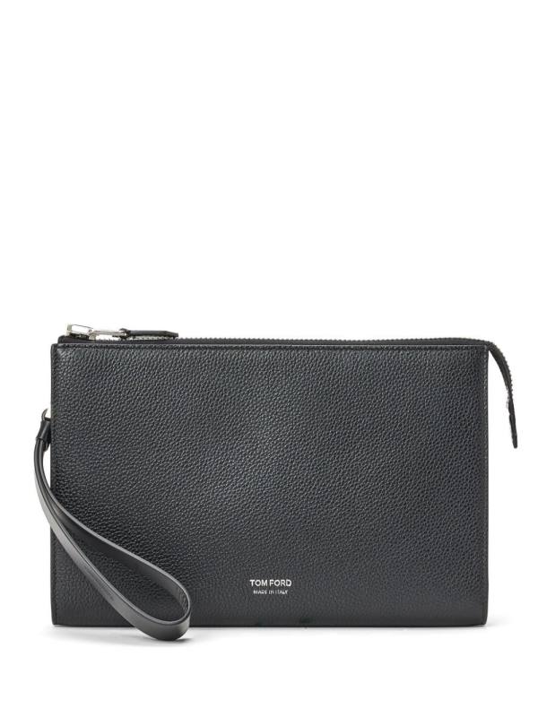 pebbled-leather logo-print clutch