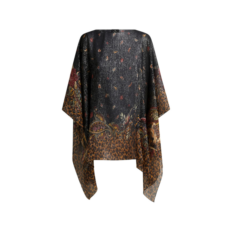 Etro Silk Poncho Top With Striped Animal And Floral Paisley Motif