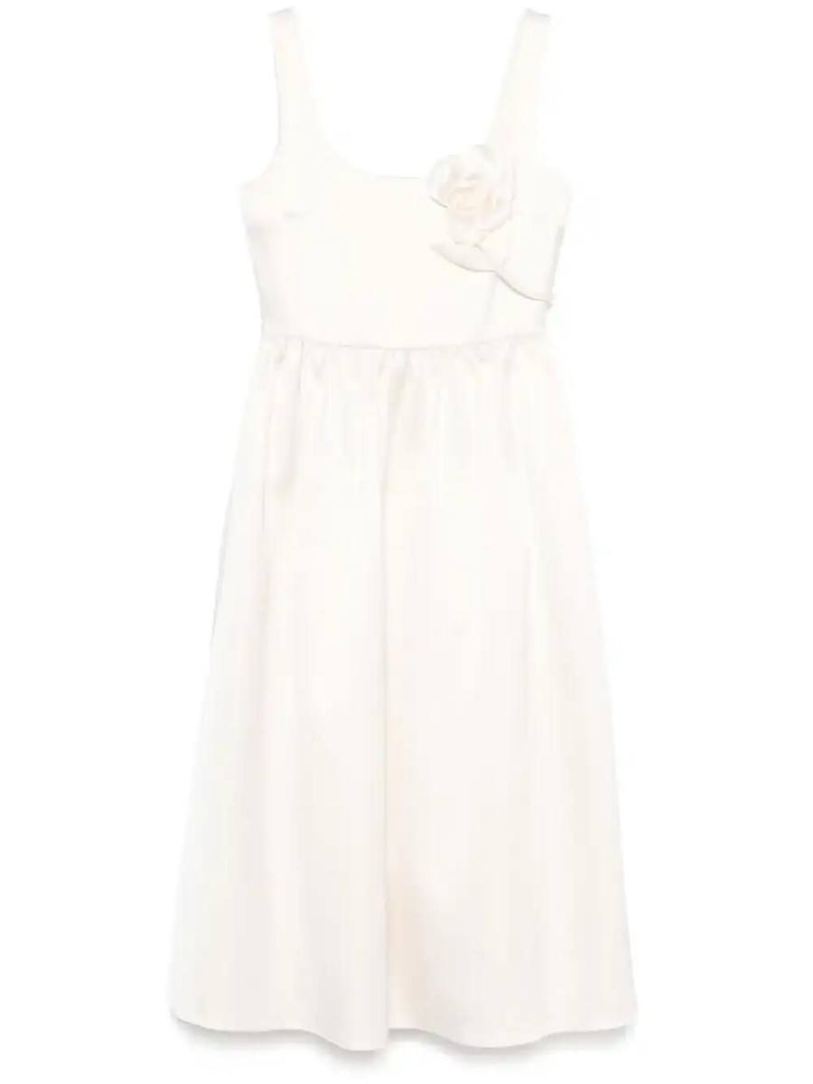 floral-appliqué satin midi dress