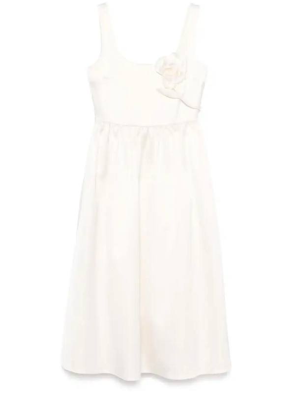 floral-appliqué satin midi dress