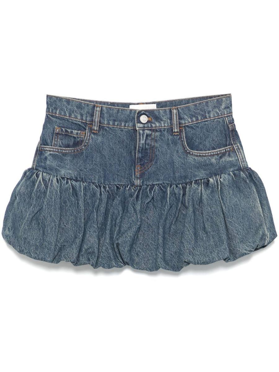 gathered-hem denim mini skirt