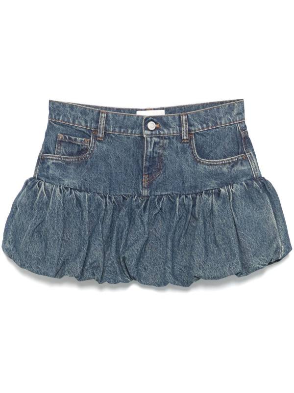 gathered-hem denim mini skirt