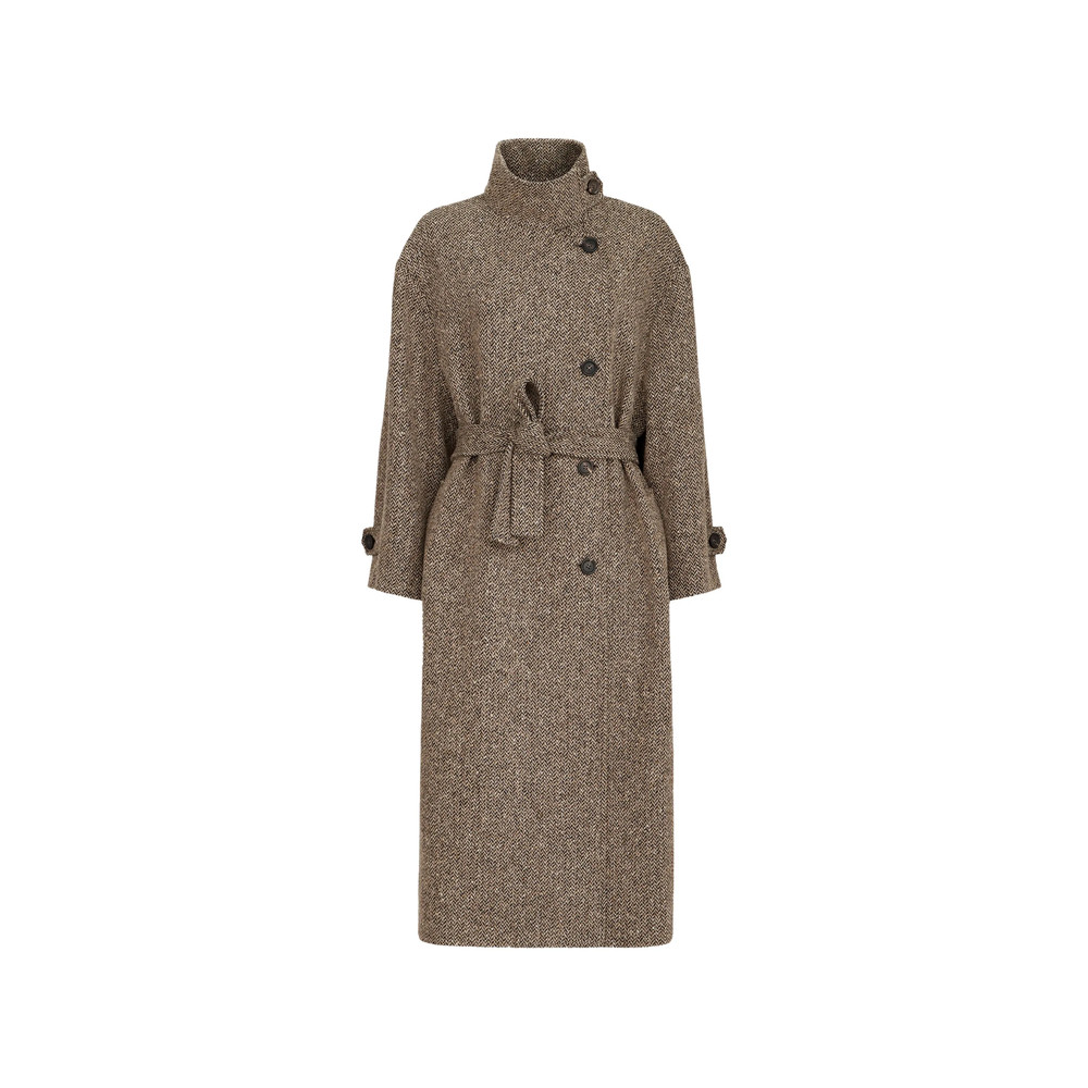 Brunello Cucinelli Sparkling Virgin Wool Chevron Belted Coat With Monili