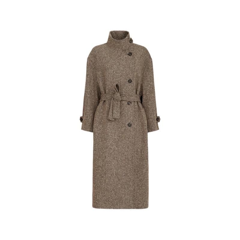 Brunello Cucinelli Sparkling Virgin Wool Chevron Belted Coat With Monili