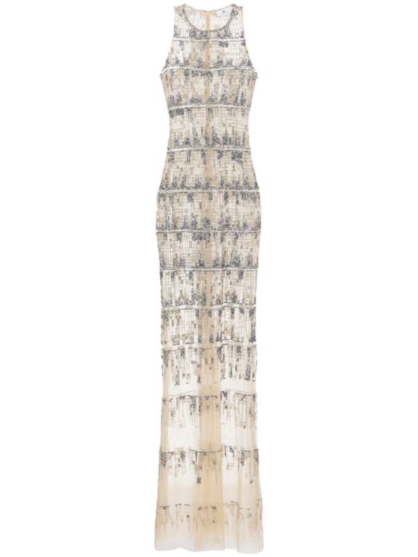 pixel-pattern sequin-embroidered tulle red carpet dress