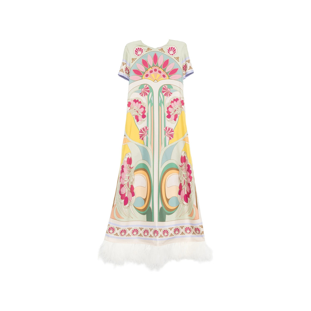 La Double J Tulip Placée-print Feather-trim Maxi Dress