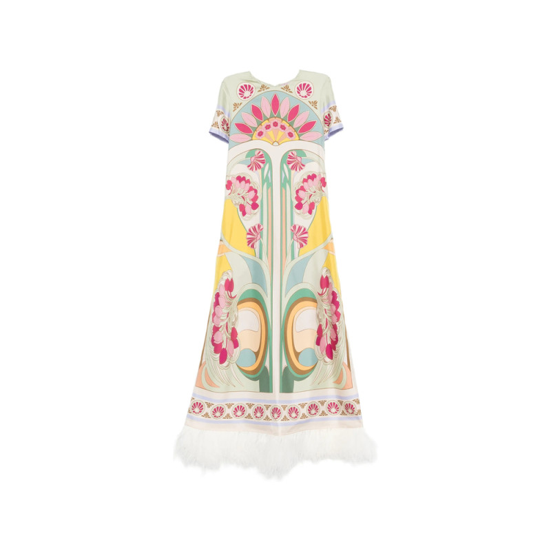 La Double J Tulip Placée-print Feather-trim Maxi Dress
