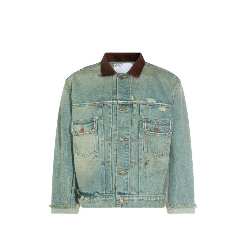 Paly Hollywood Buffalo 66 Distressed Leather-collar Denim Jacket