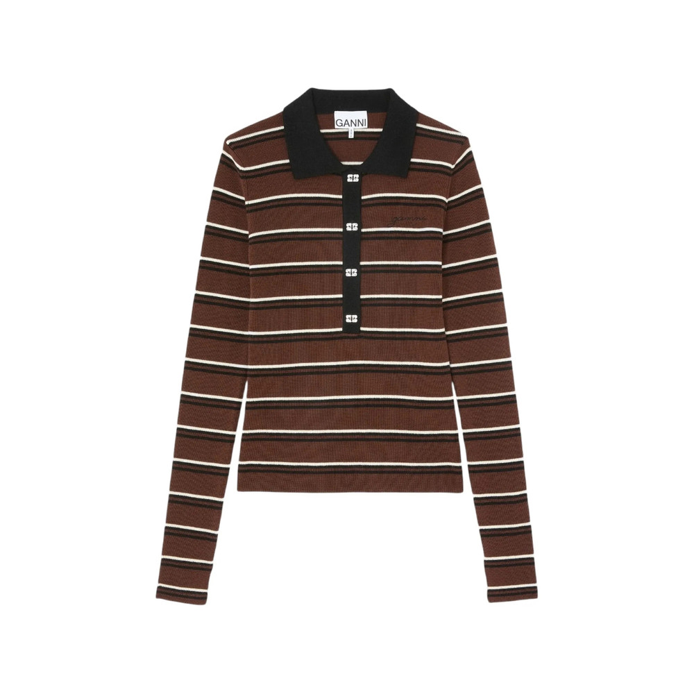 Ganni Striped Button-embellished Polo Shirt