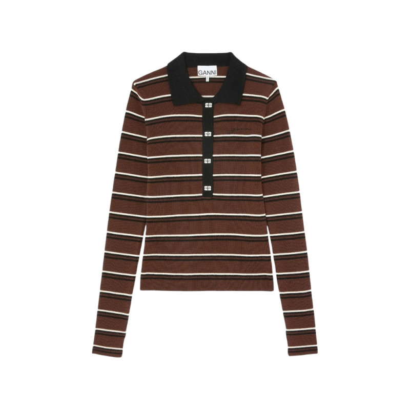 Ganni Striped Button-embellished Polo Shirt