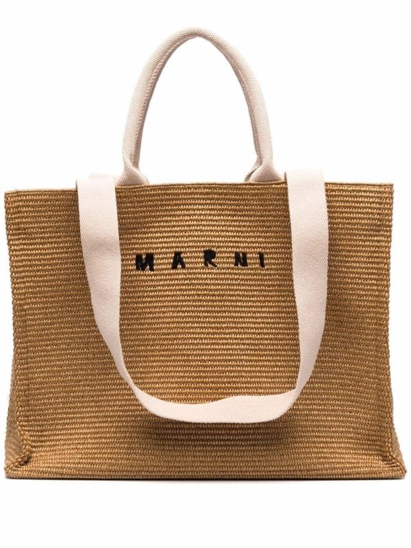 logo-lettering raffia tote bag