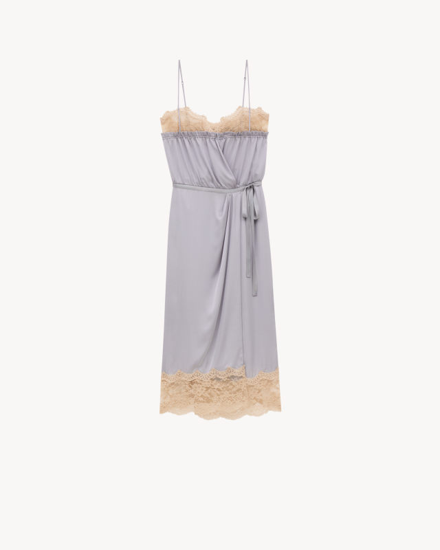 Saint Laurent Wrap slip dress in silk charmeuse and lace