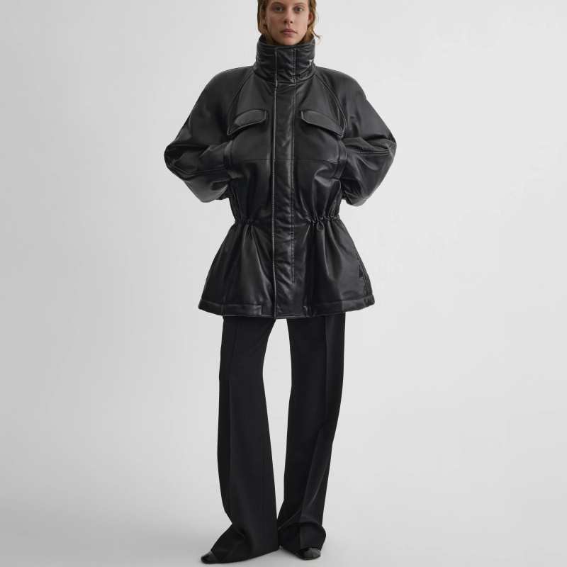PHOEBE PHILO PADDED JACKET WITH GATHERED WAIST in black leather